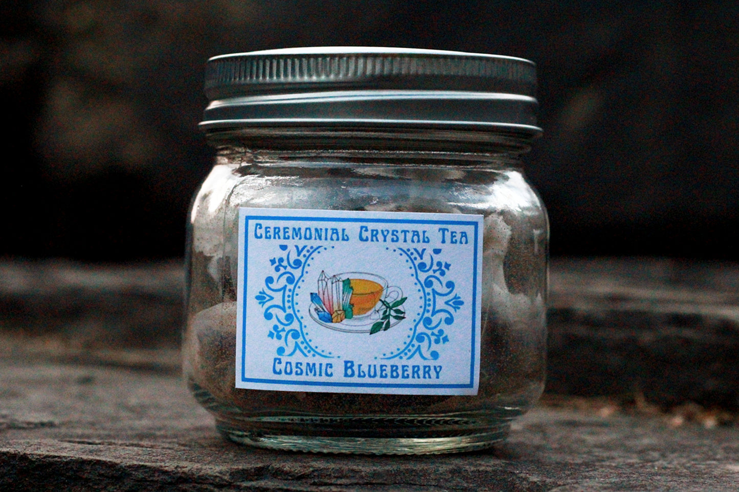 Cosmic Blueberry tea blend (Front of small jar)